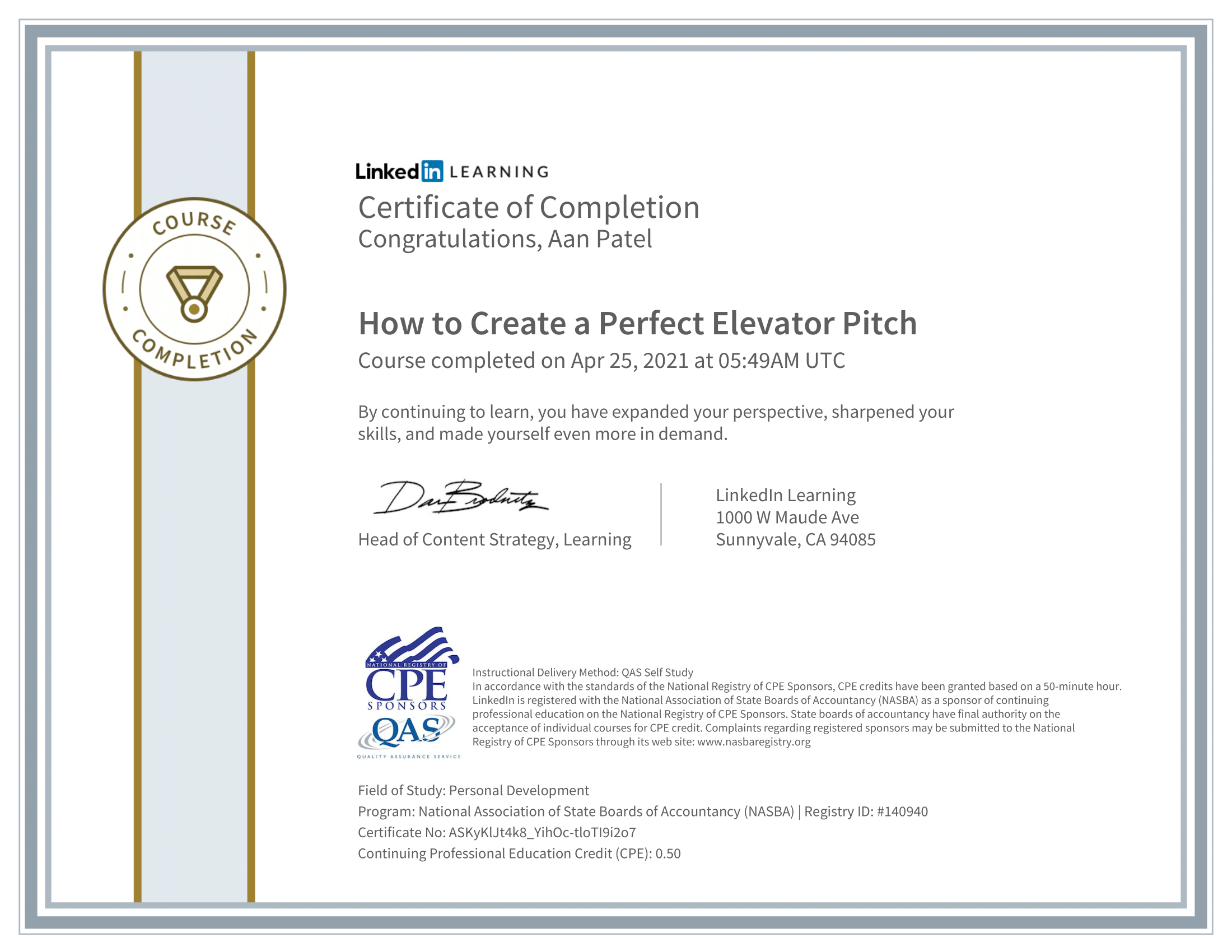 A LinkedIn Learning certificate